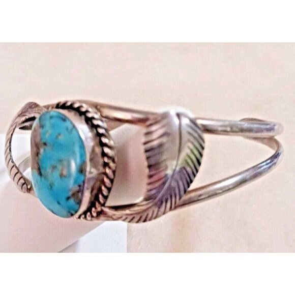 Navajo Native American Turquoise Cuff Sterling leaves 1132 - Picture 2 of 6